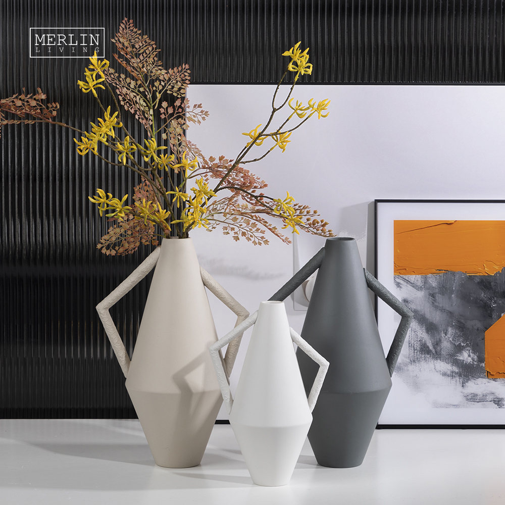 Merlin Living Geometric Amphora Ceramic Vase with Pattern on Handle