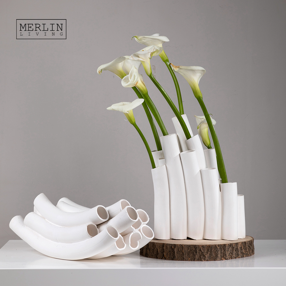 Merlin Living Handmade Craft Ceramic Curved Bamboo Shoot Pipe Vase