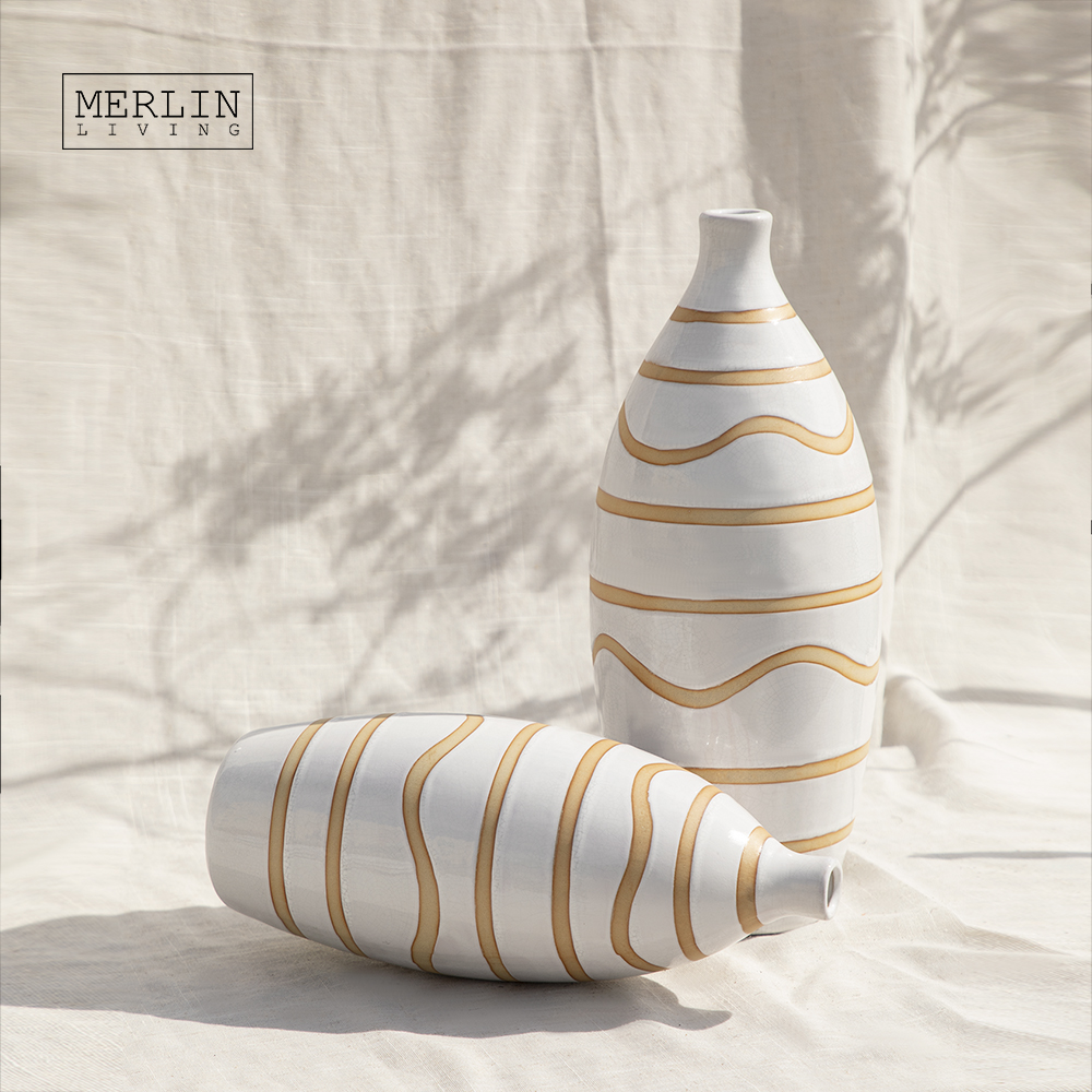 Merlin Living Luxury Yellow String Line White Matte Ceramic Vase
