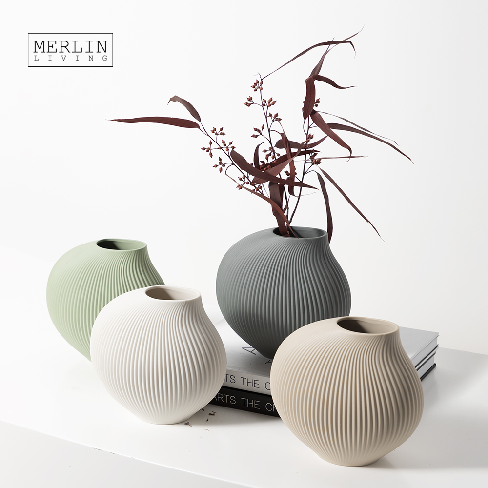 Merlin Living Matt Solid Color Shell Shape Line Surface Ceramic Vase