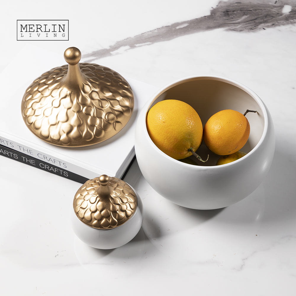 Merlin Living Matte Ceramic Round Jar with Electroplated Gold Lid