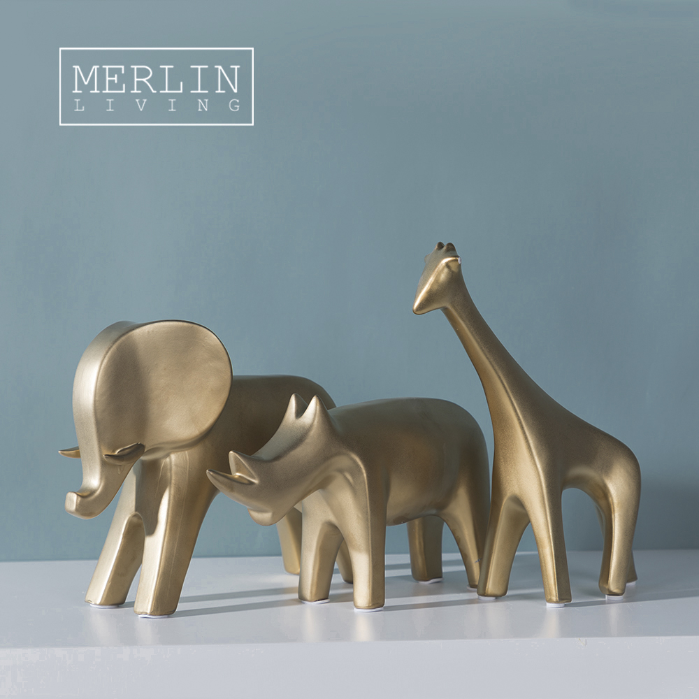 Merlin Living Matte Gold Plated Rhino Elephant Giraffe Animal Ornament