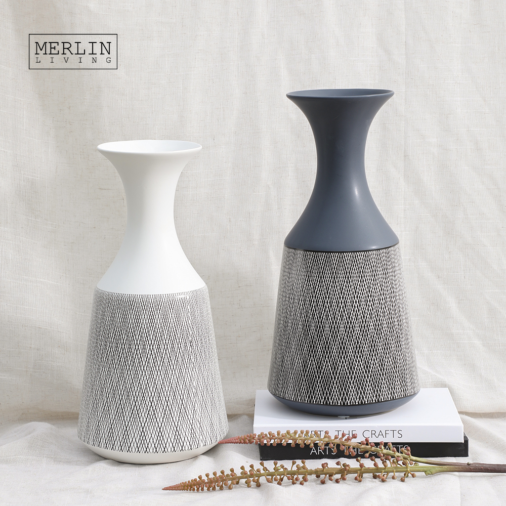 Merlin Living Matte White Gray Decal Vase Ceramic Vase Flower Vase