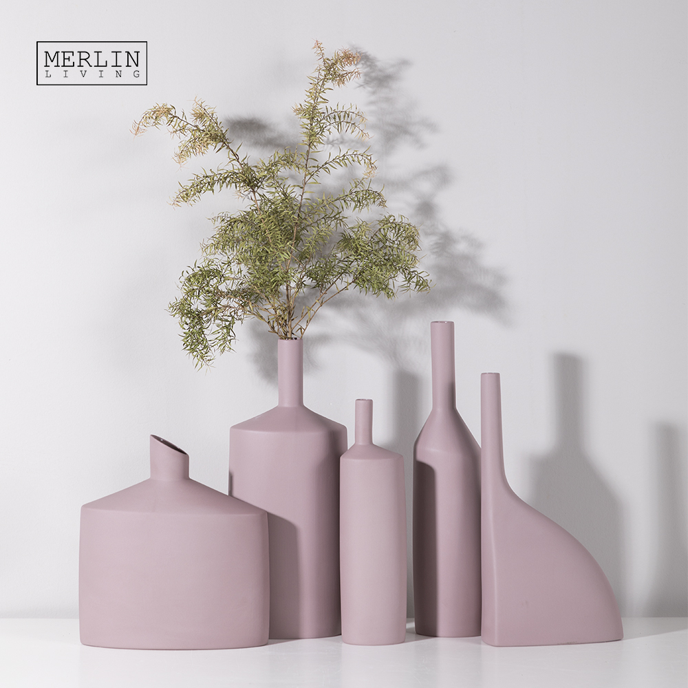 Merlin Living Minimalist Matte Pink Purple Fine Neck Ceramic Vase