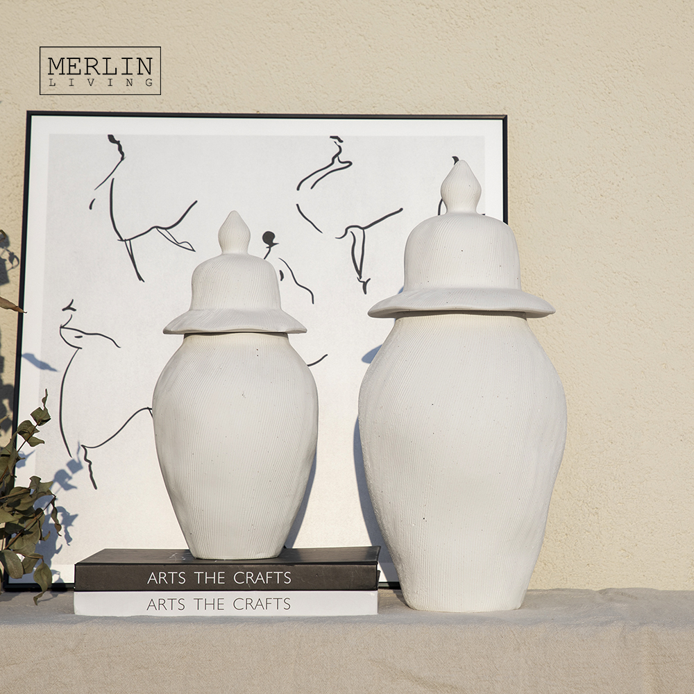 Merlin Living Minimalistic Scribing Line Ginger Jar Ceramic White Vase
