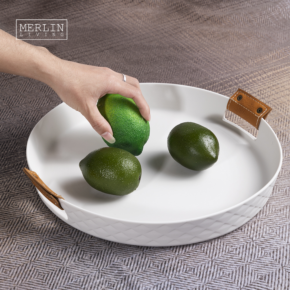 Simple Design Non Slip Round Ceramic Tray With Handle (2)