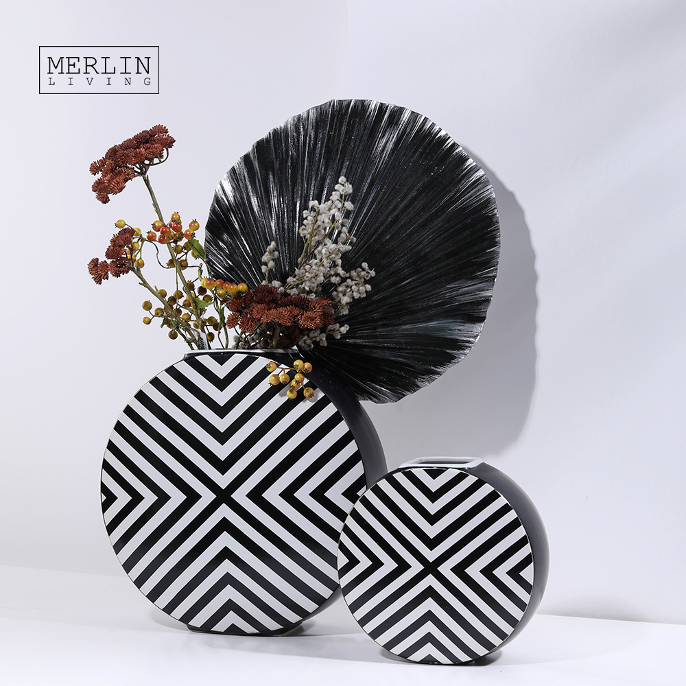 Merlin Living Simple Lines Black And White Striped Round Ceramic Vase