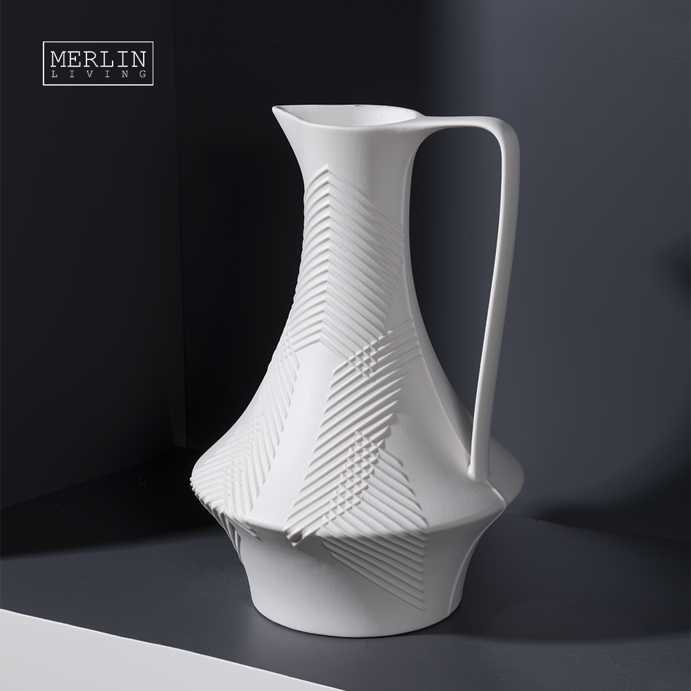 Merlin Living White Veined Striped Ceramic Vase with Handle Decor