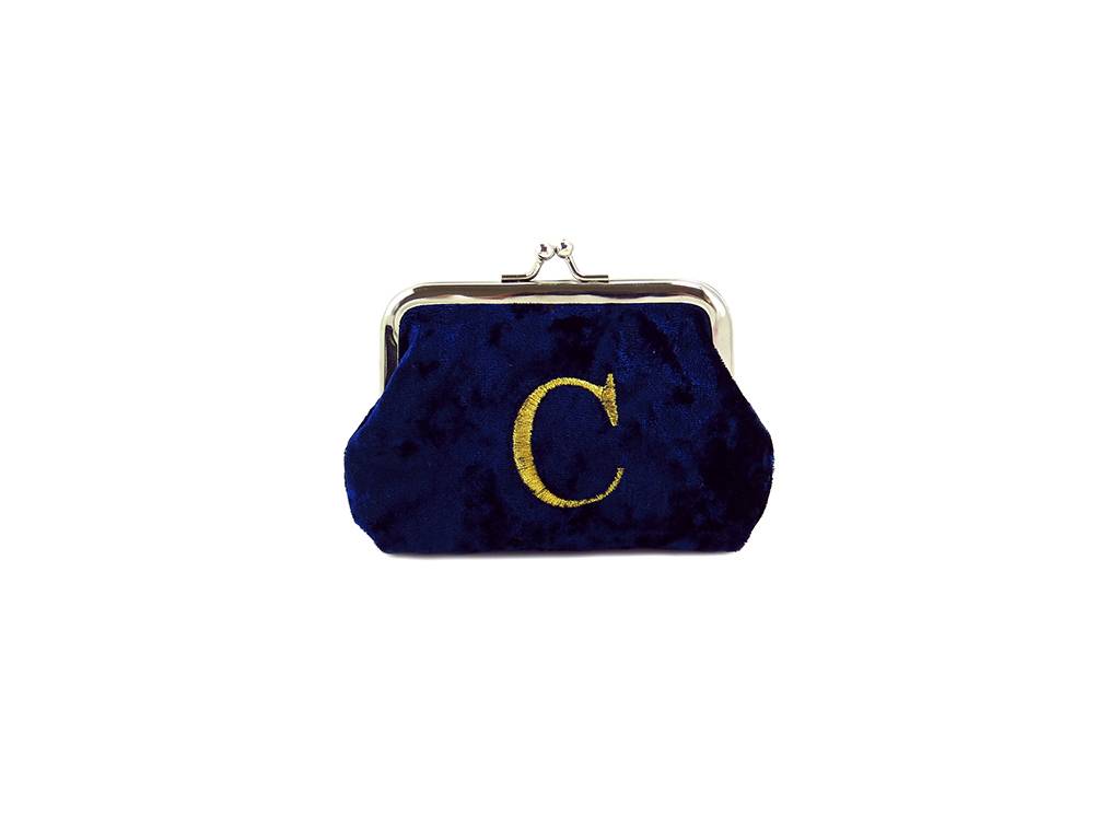 Bottom price Hair Accessory - velvet coin purse in navy velvet fabric with gold letter C embroidery – Mia