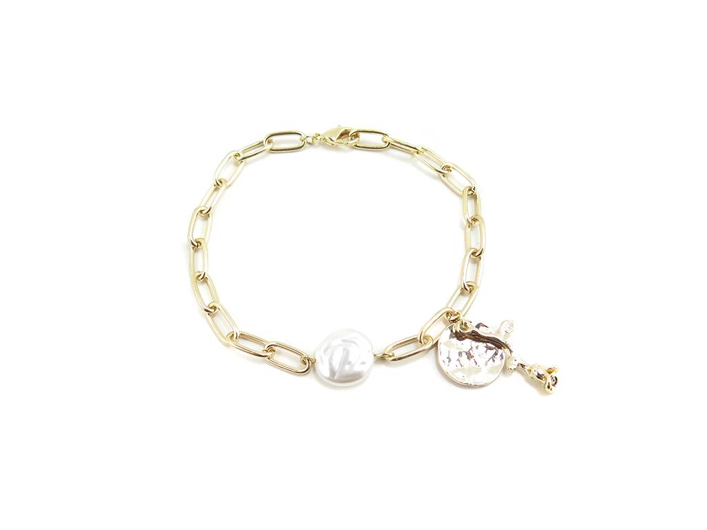 Gold big chain bracelet with natural pearl and rose pendant