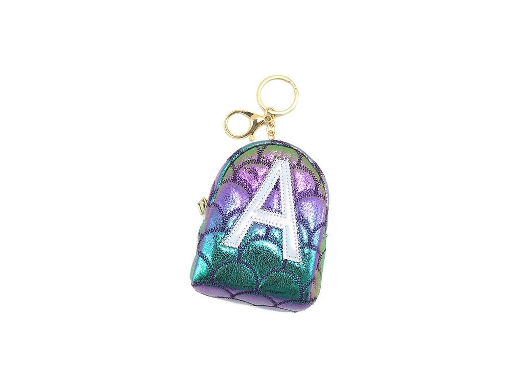 coin purse key chain in gradient mermaid color metallic fabric and letter “A” patch