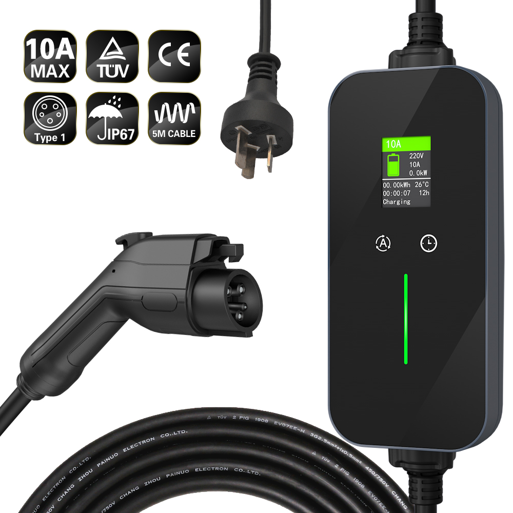 इलेक्ट्रिक कार बॅटरी पॉवर चार्जिंग स्टेशन मोड 2 EVSE फास्ट AC 10A पोर्टेबल EV चार्जर प्रकार 1