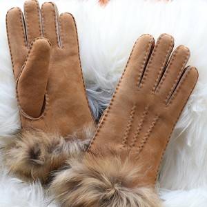 Ldies handmade suede Merino sheepskin gloves with fox fur cuff