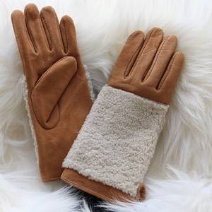 Fashion suded lambskin ladies gloves with wool out back