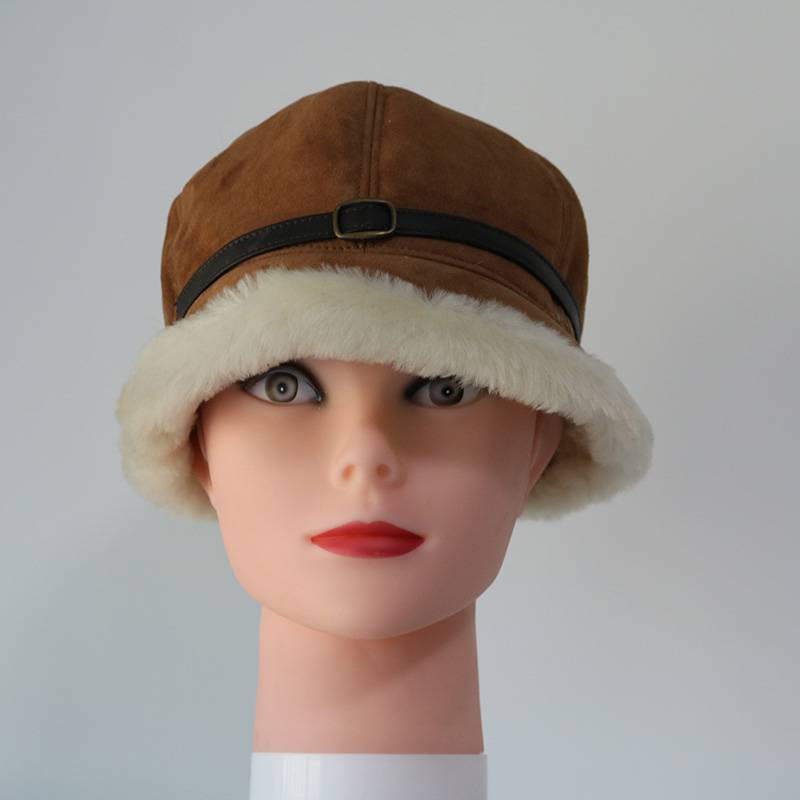 ladies sheepskin cloche hats feature a leather belt (1)