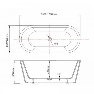 1500x750x580 mm Oval Bathtub Freestanding Acrylic Black Bath tub