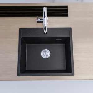 MACHO 550x490x200mm Black Single Bowl Granite Quartz Stone Kitchen Laundry Sink with Overflow Top/Flush/Under Mount