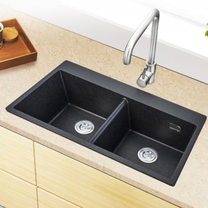 MACHO 835x490x200mm Black Granite Quartz Stone Kitchen Laundry Sink Double Bowls with Overflow Top/Undermount