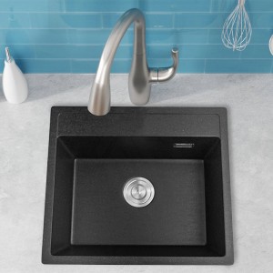 MACHO 550x490x200mm Black Single Bowl Granite Quartz Stone Kitchen Laundry Sink with Overflow Top/Flush/Under Mount
