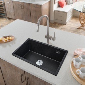 MACHO 735x420x200mm Black Granite Quartz Stone Kitchen Laundry Sink Single Bowl with Overflow Top/Under Mount