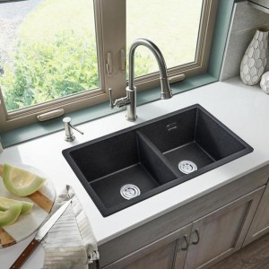 MACHO 835x490x210mm Black Granite Quartz Stone Kitchen Sink Double Bowls Top/Undermount with Overflow