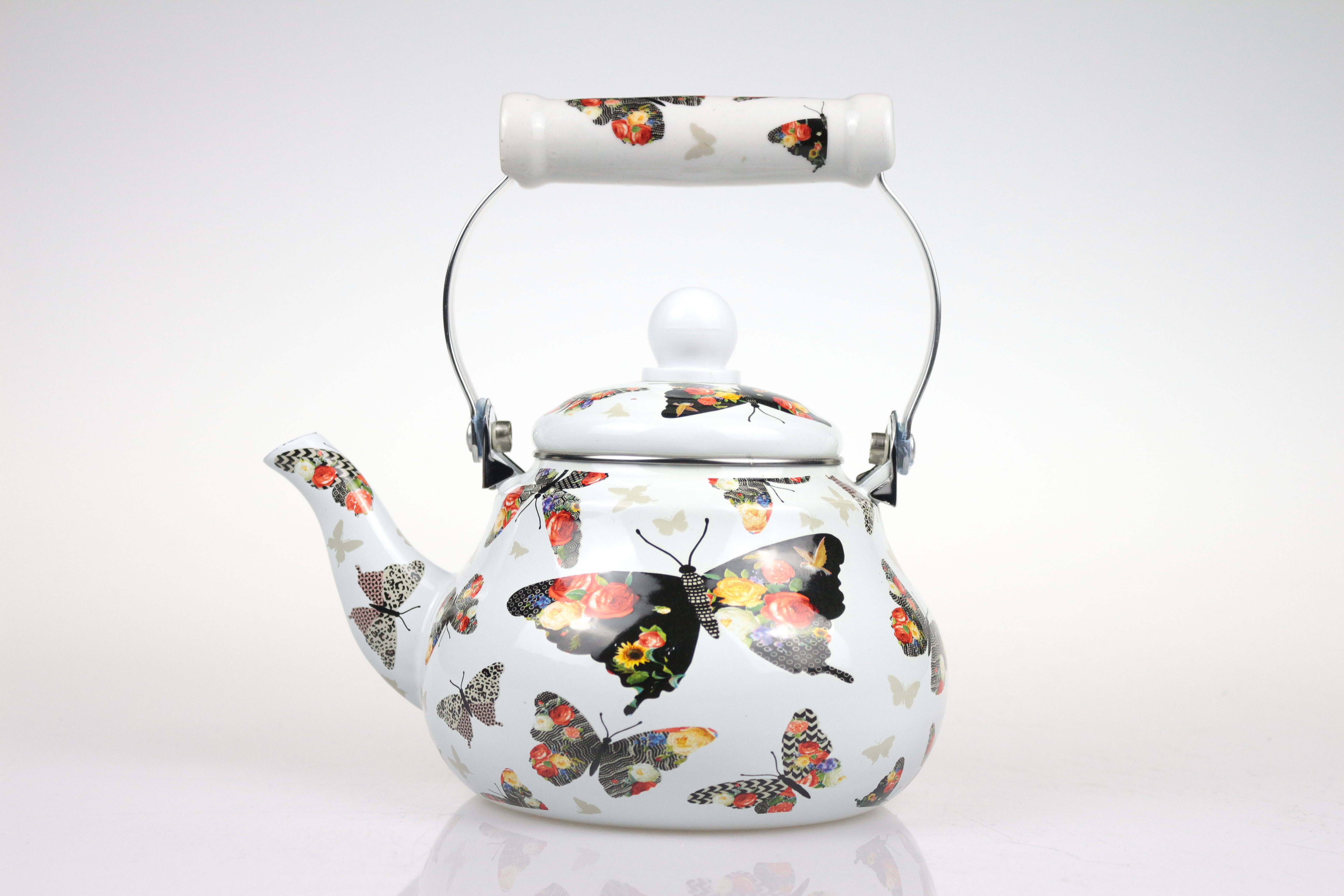 ENAMEL KETTLE WITH CERAMIC HANDLE-BUTTERFLY DESIGN