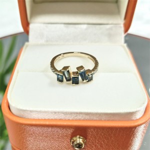 14k Yellow Gold Trapezoid Baguette Cut Ring Real Natural London Blue Topaz Stone Ring