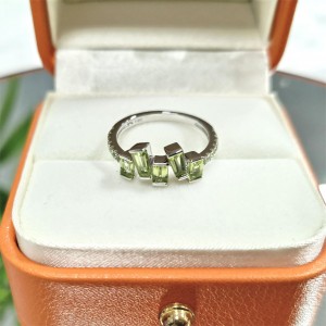 Baguette Cut White Solid Gold Ring Real Natural Peridot Green Stones Wedding Ring
