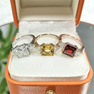 14k Solid Gold Three Stones Ring Princess Cut and Triangle Cut with DEF High Quality Moissanite
