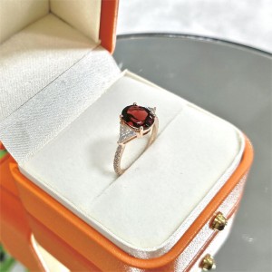 14k Solid Gold Wedding Ring Oval Cut 8x10mm Garnet Center Triangle Cut Round Cut Small Stones Red Gemstone Ring