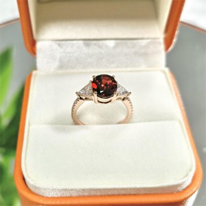 14k Solid Gold Wedding Ring Oval Cut 8x10mm Garnet Center Triangle Cut Round Cut Small Stones Red Gemstone Ring