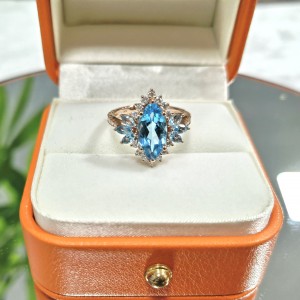 Blue Stone Ring Marquise Cut 2.5ct Swiss Blue Topaz Large Gemstone Solid Gold Ring for Women Girls