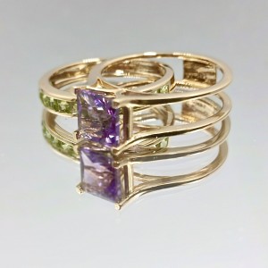 14K Solid Gold Princess Cut Gemstones Rings Customization Wedding Ring Set with Peridot and Amethyst