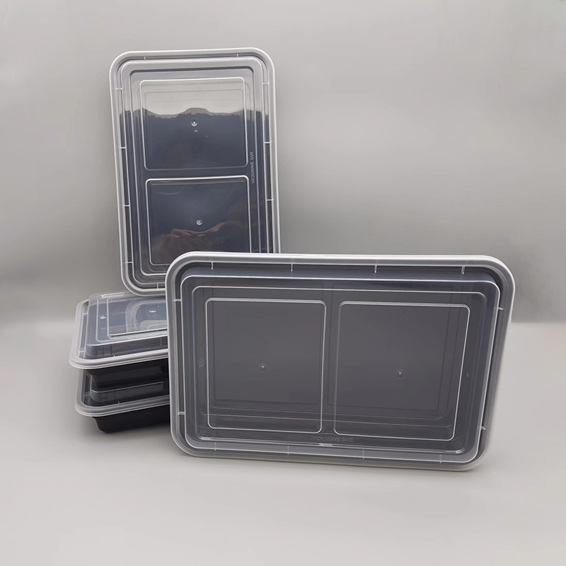 PP пластмасова черна правоъгълна кутия за обяд за еднократна употреба с прозрачен капак