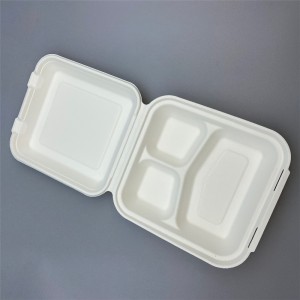 8.5 ″ Disposable Eco-friendly Bagasse 3 Kompartemen Take-away Menu Box