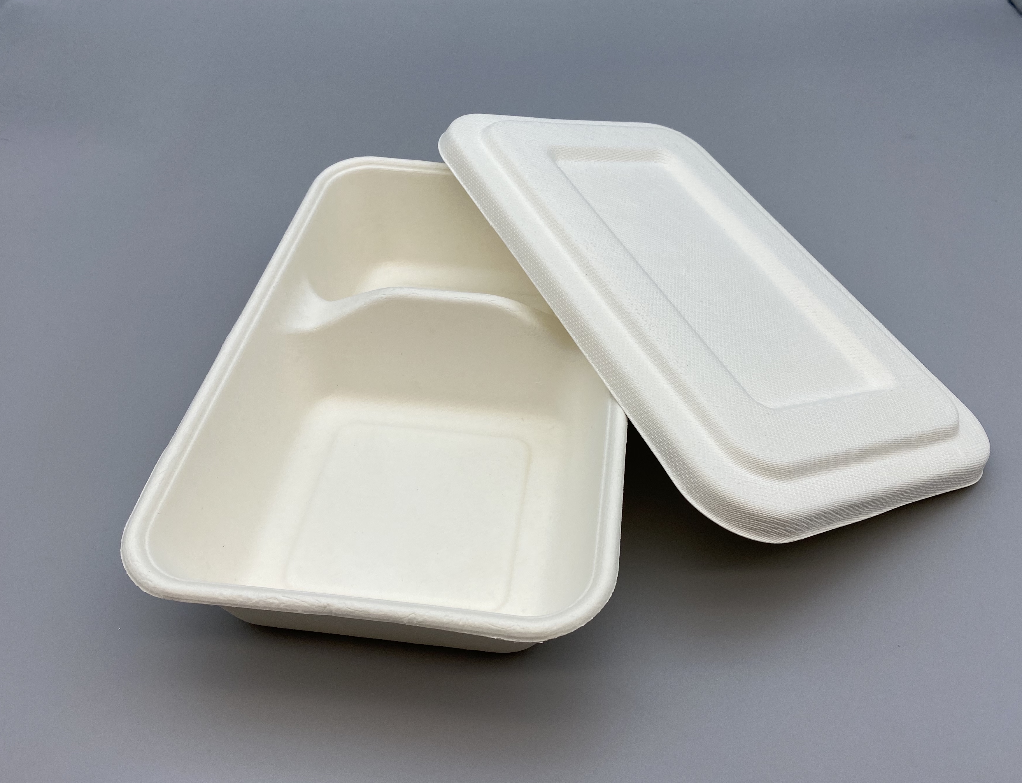 Bagasse 1000ml clamshell 2 compartments food box with seperated lid 3