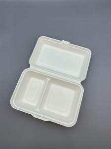 I-1000ml 2-comp Clamshell Biodegradable Food Container Bagasse Tableware