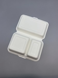 I-1000ml 2-comp Clamshell Biodegradable Food Container Bagasse Tableware
