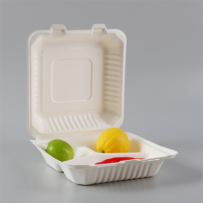 Take Away Bagasse Clamshell Dienblad 8/9 inch 3 Compartimenten