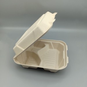 Biodegradable bagasse Pulp 8/9inch 3compartment Clamshell Food container