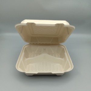 Biodegradable bagasse Pulp 8/9inch 3compartment Clamshell Setshelo sa Lijo