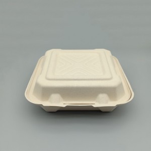 Biodegradéierbar Bagasse Pulp 8/9 Zoll 3 Fach Clamshell Food Container