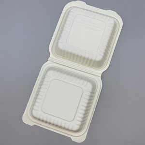 ეკოლოგიურად სუფთა საკვები კონტეინერი ერთჯერადი კომპოსტირებადი 6 დიუმიანი ბურგერის ყუთები Clamshell