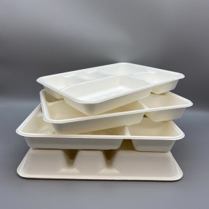100% Compostable 5 Compartment Disposable Bagasse School Lunch Trays