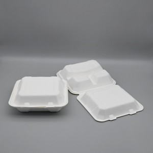Disposable 3com 8” BioBagasse Clamshell Food Delivery Container