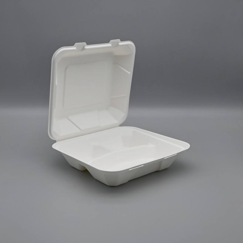 Disposable 3com 8” BioBagasse Clamshell Food Delivery Containers