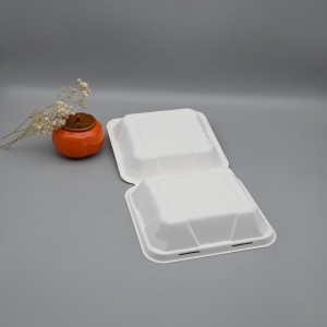 Biodegadable single 8” Bagasse Clamshell Food Service Containers