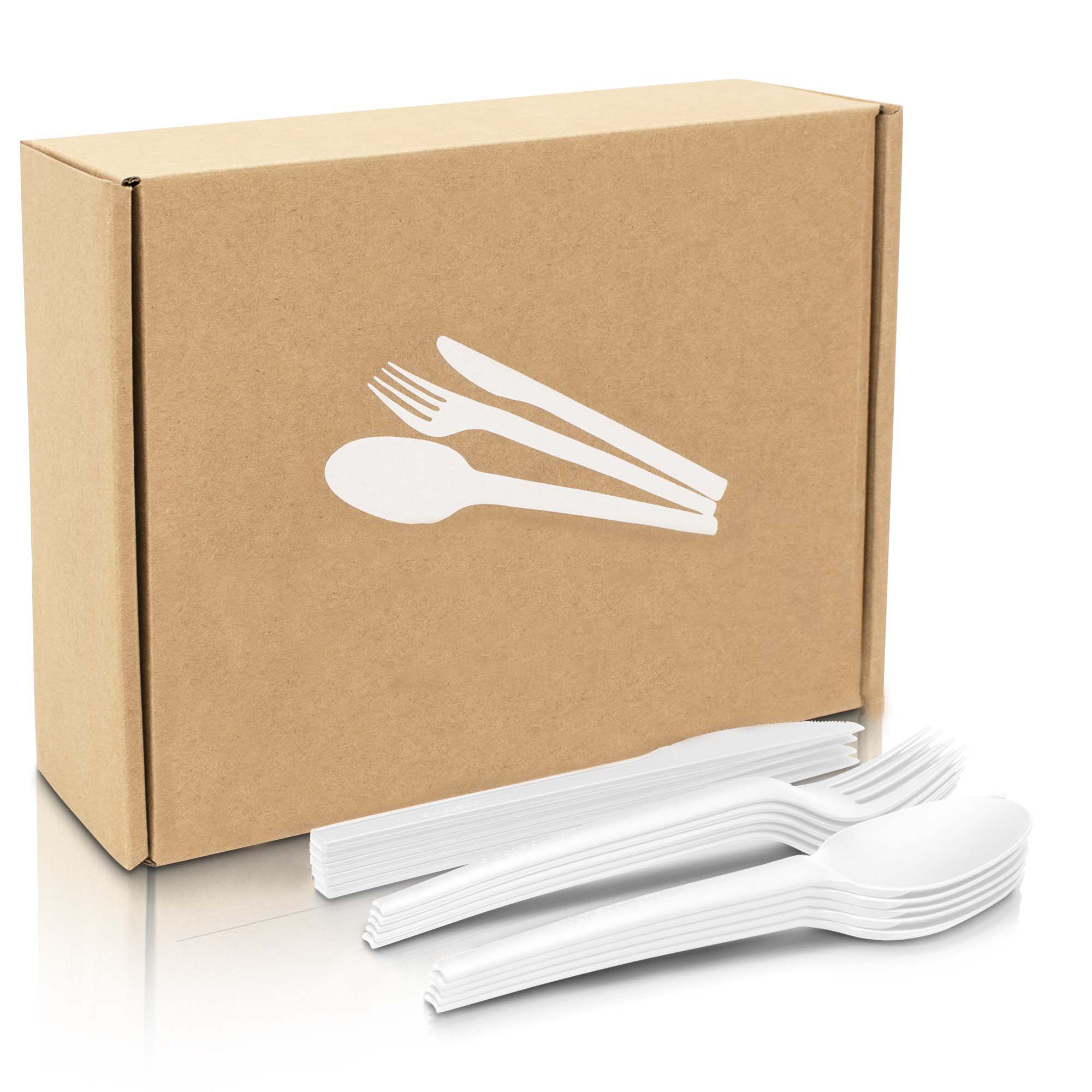 Quanhua 250 Pieces aircraft box biodegradable kitchen utensil Set 100 forks 100 knives 50 spoons compostable cutlery set