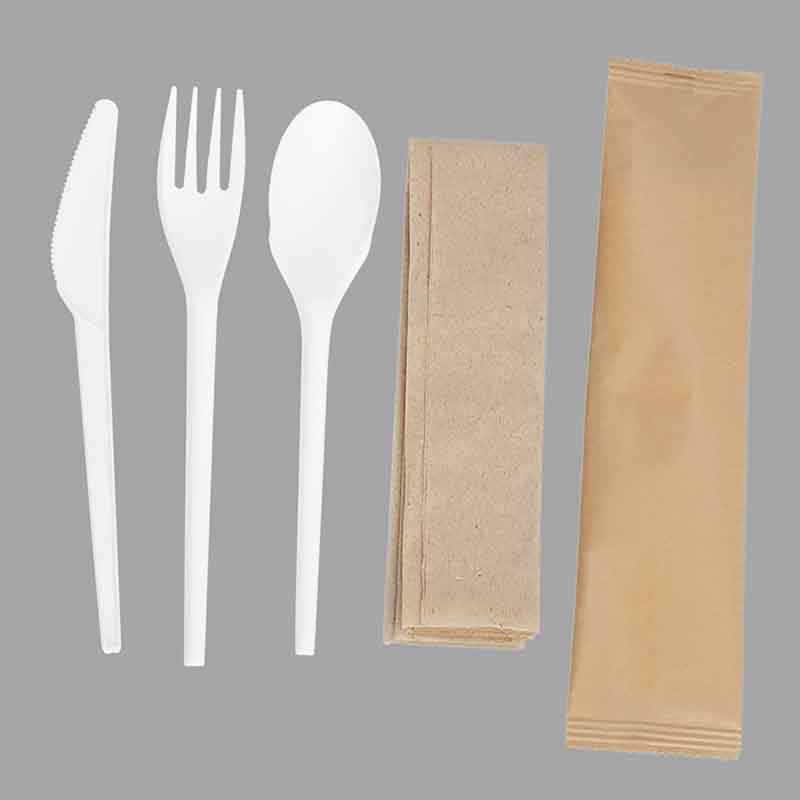 Quanhua SY-001022033-FKSN, Lightweight compostable CPLA cutlery kits fork spoon kinfe napkin 4 in 1 alternative to plastic utensils. Featured Image