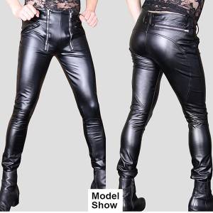 Urban sexy cool men’s pants creative PU leather pants Korean version of the three-dimensional double zipper open crotch tight motorcycle pants stitching feet pants